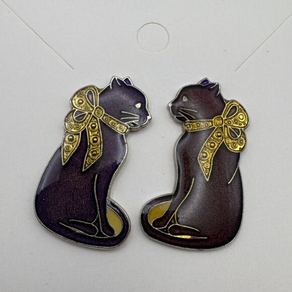 Enamel Cat Stud Earrings Brown Gold Tone Bow Vintage REO Animal Lover Gift - Picture 6 of 6